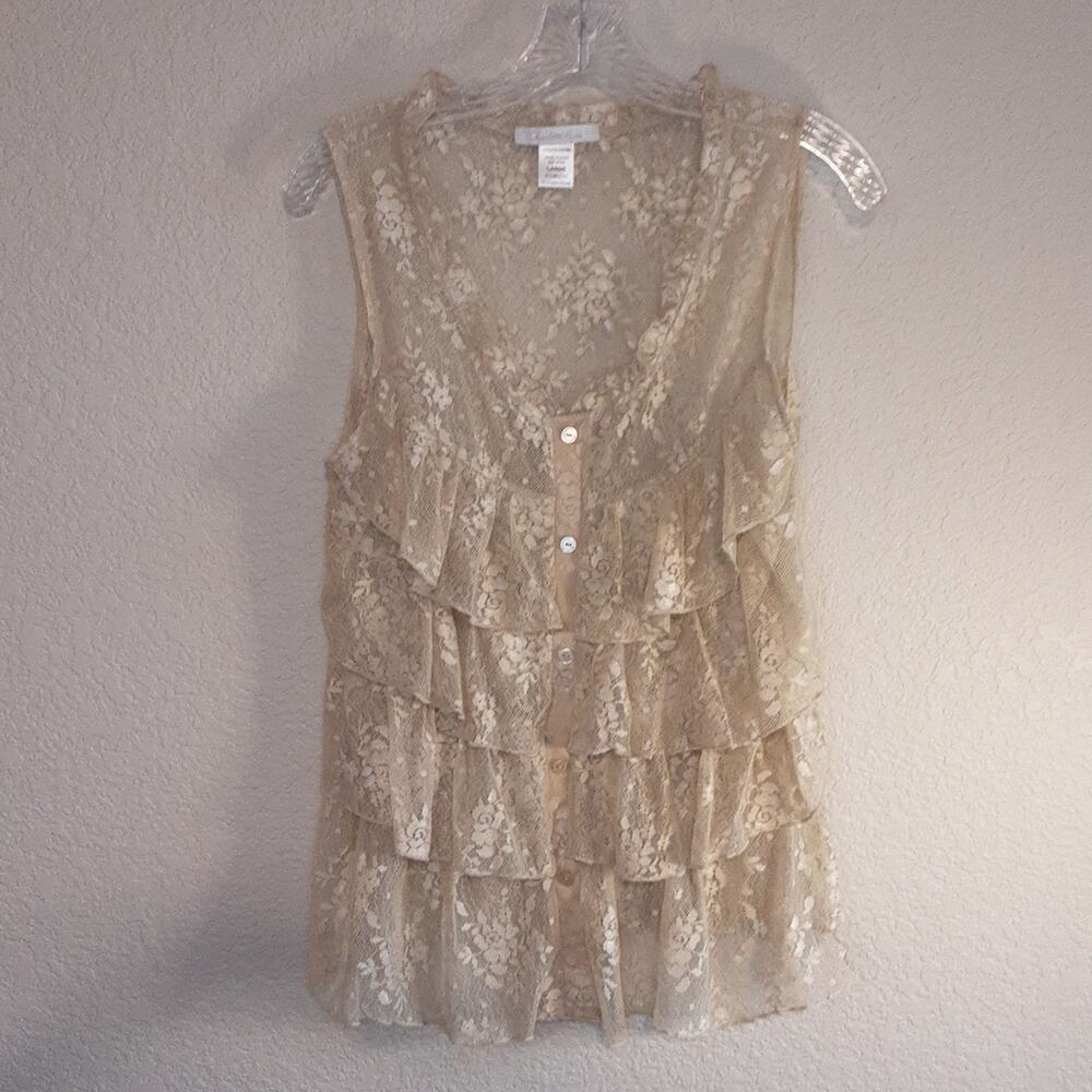 Charlotte Russe NEW Sheer Layered Ruffled Sleeveless Blouse L Neutral Nude Tan